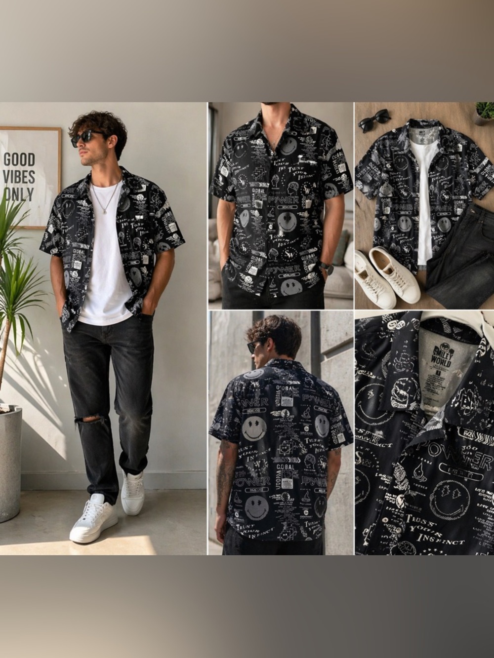 Smiley World Graphic Button Up Shirt Mens XL Black White Streetwear Festival